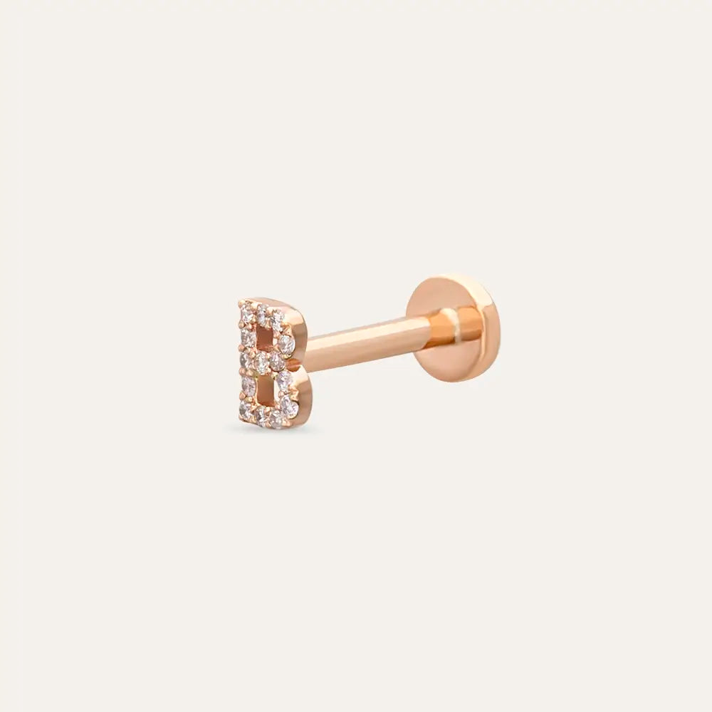 B Harf Pırlanta Taşlı Rose Altın Piercing