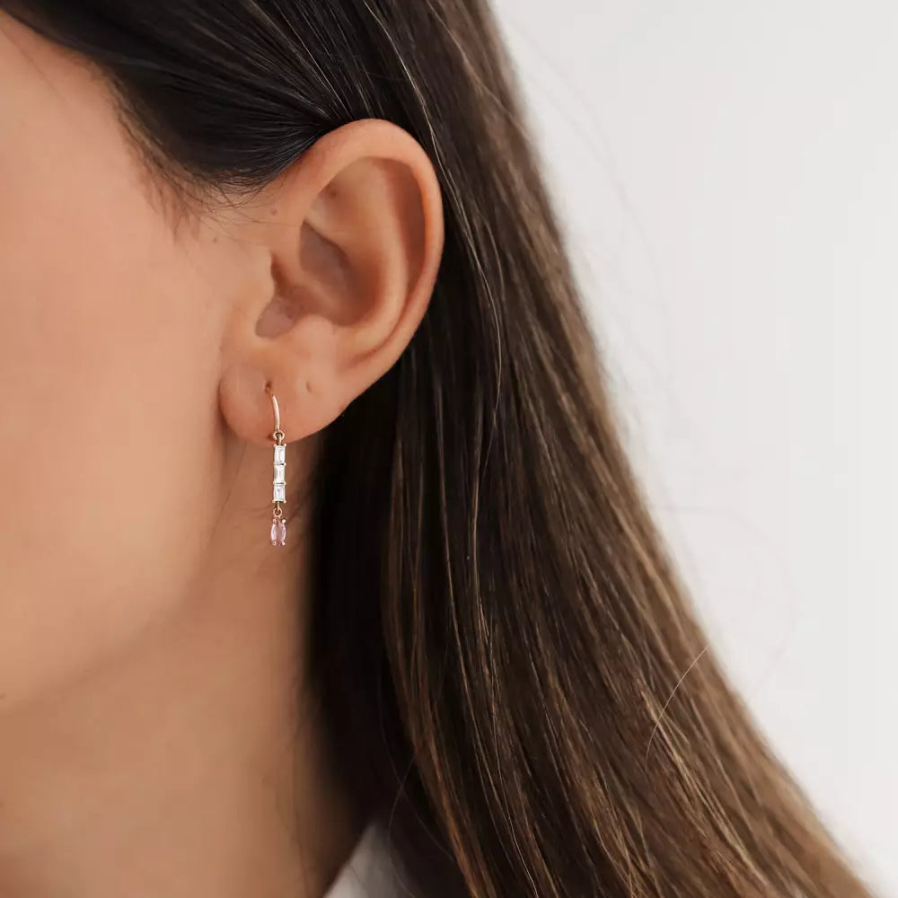 Rose Gold Earrings with Baguette Cut Diamond and Pink Sapphire