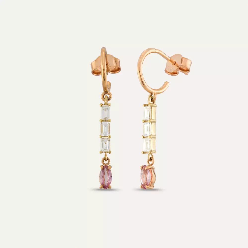 Rose Gold Earrings with Baguette Cut Diamond and Pink Sapphire