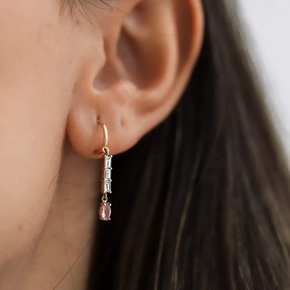 Rose Gold Earrings with Baguette Cut Diamond and Pink Sapphire