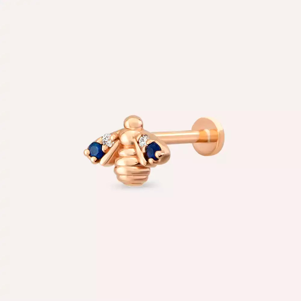Maya Blue Safir ve Pırlanta Taşlı Rose Altın Piercing