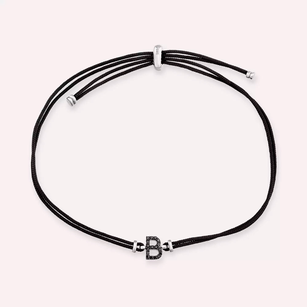 White Gold Letter Cord Bracelet with Black Diamond