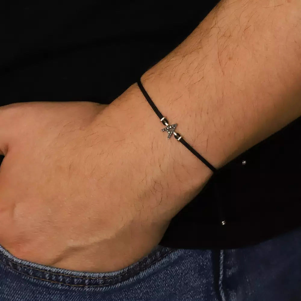 White Gold Letter Cord Bracelet with Black Diamond