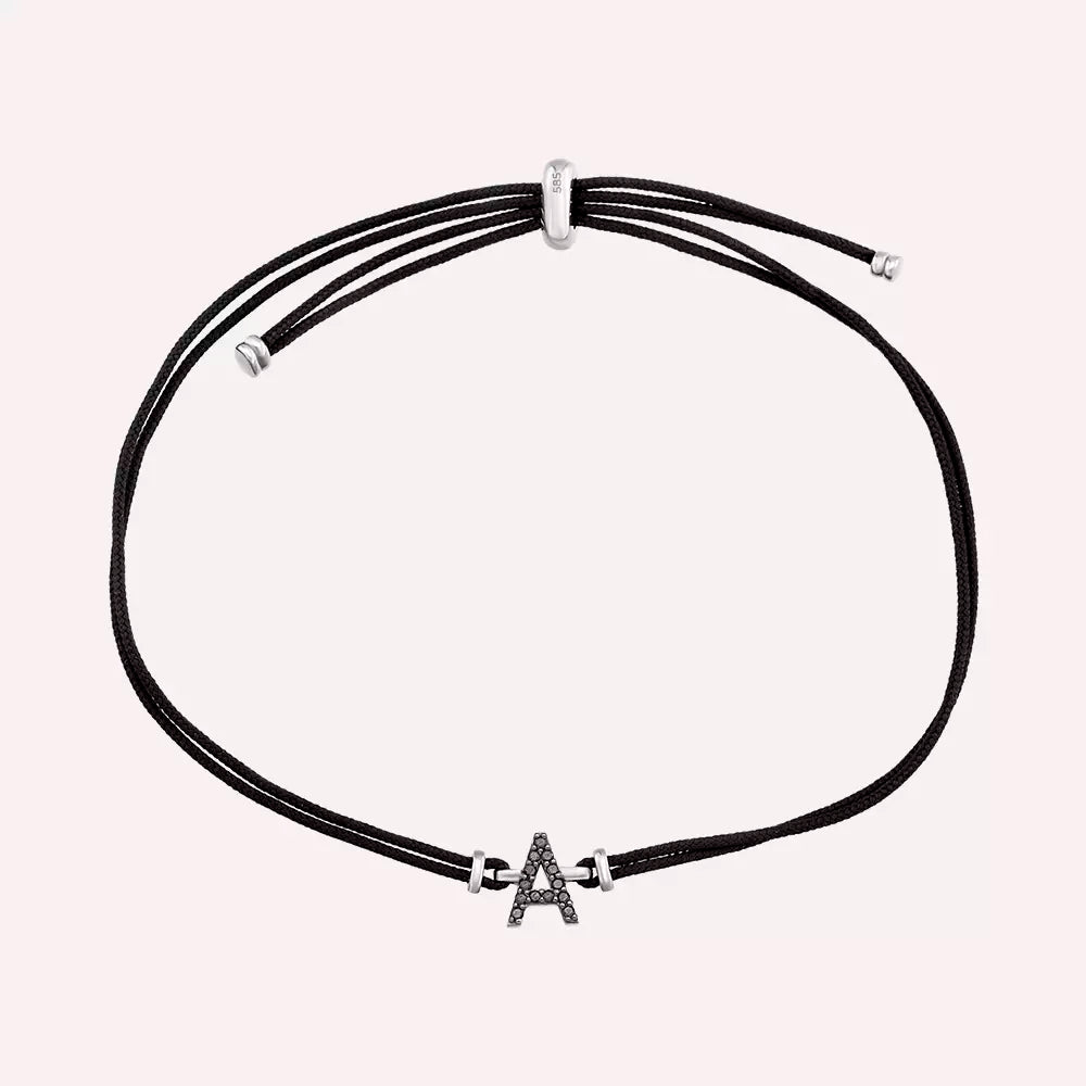 White Gold Letter Cord Bracelet with Black Diamond