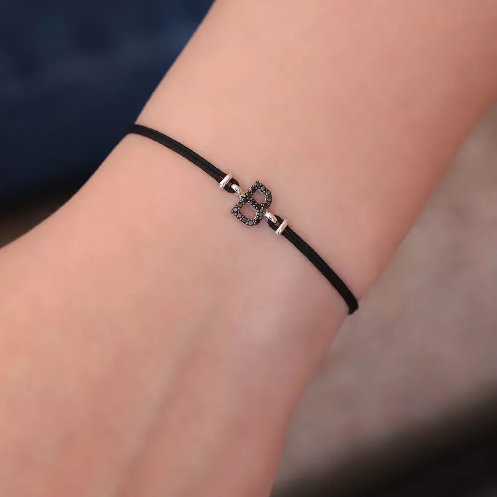 White Gold Letter Cord Bracelet with Black Diamond