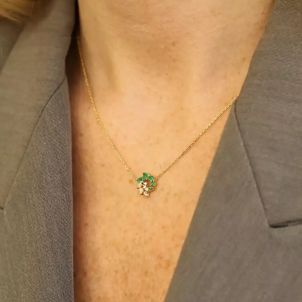 Yellow Gold Necklace with Emerald and Diamond Stones