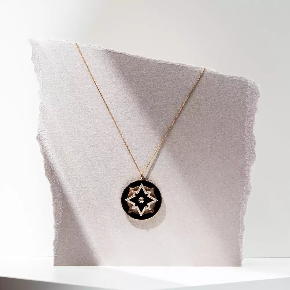 Medallion Pırlanta Taşlı ve Siyah Mineli Rose Altın Kolye