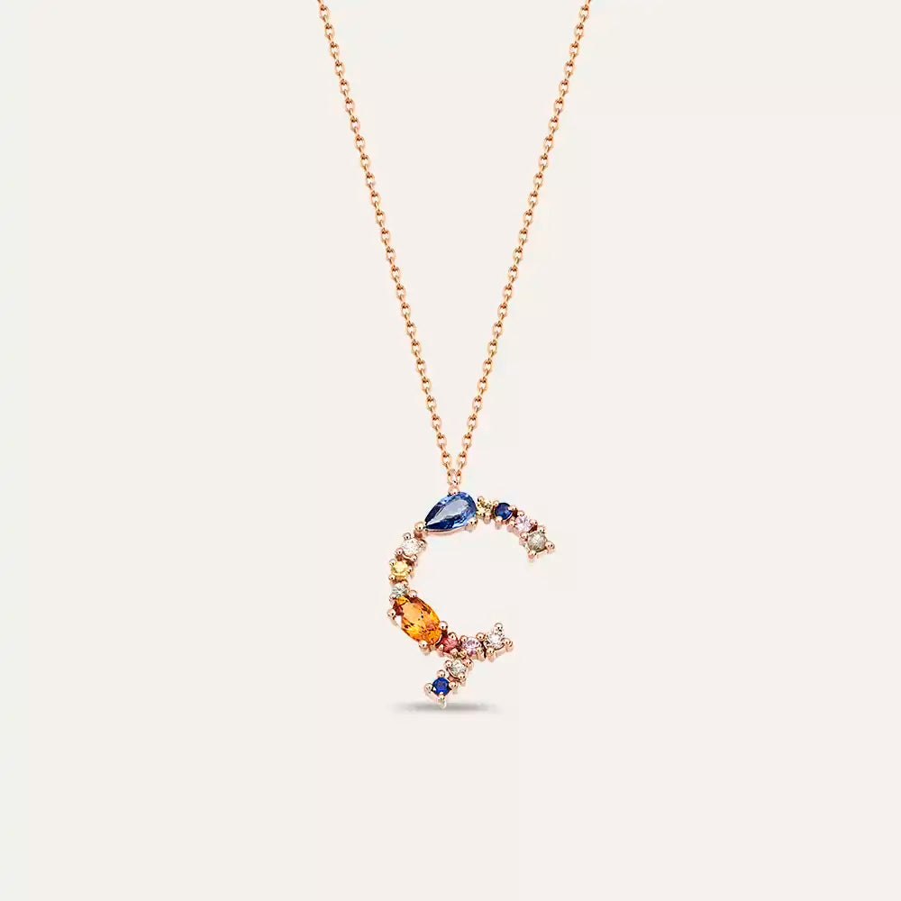Ç Letter Brown Diamond and Multicolor Sapphire Rose Gold Necklace