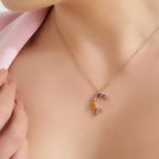 Ç Letter Brown Diamond and Multicolor Sapphire Rose Gold Necklace