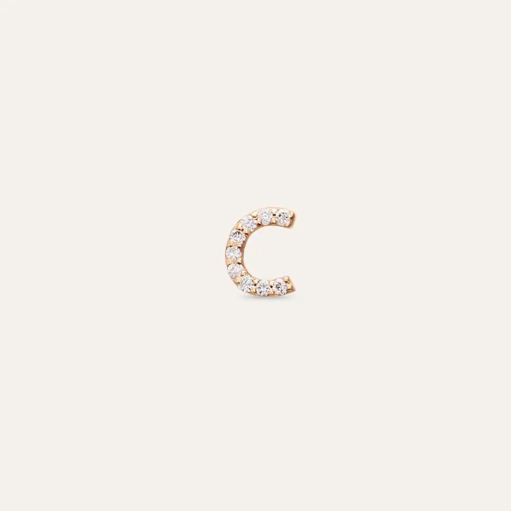 C Harf Pırlanta Taşlı Rose Altın Piercing