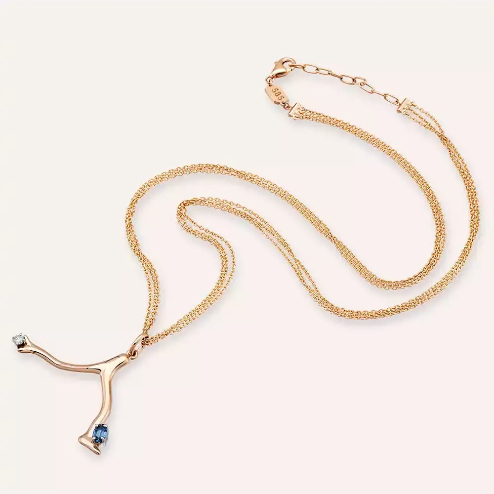 Branch Blue Sapphire and Diamond Rose Gold Necklace