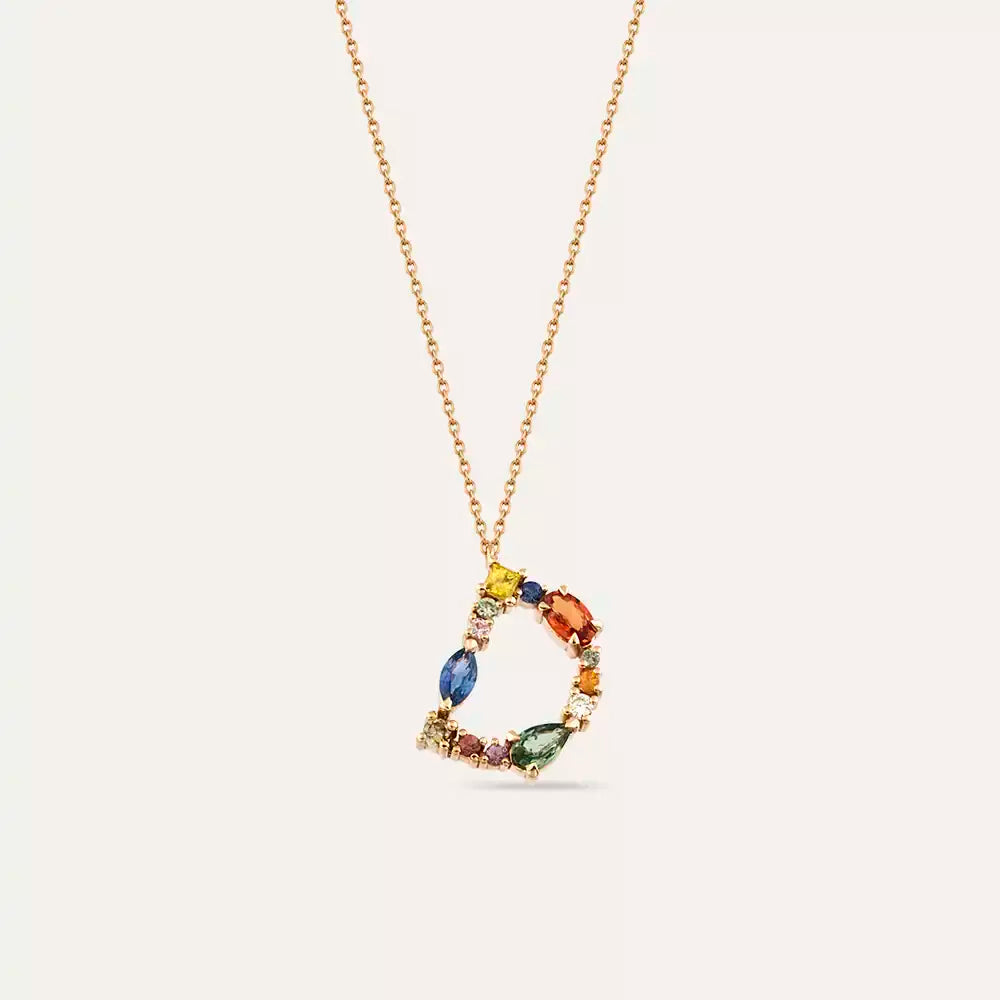 D Letter Brown Diamond and Multicolor Sapphire Rose Gold Necklace