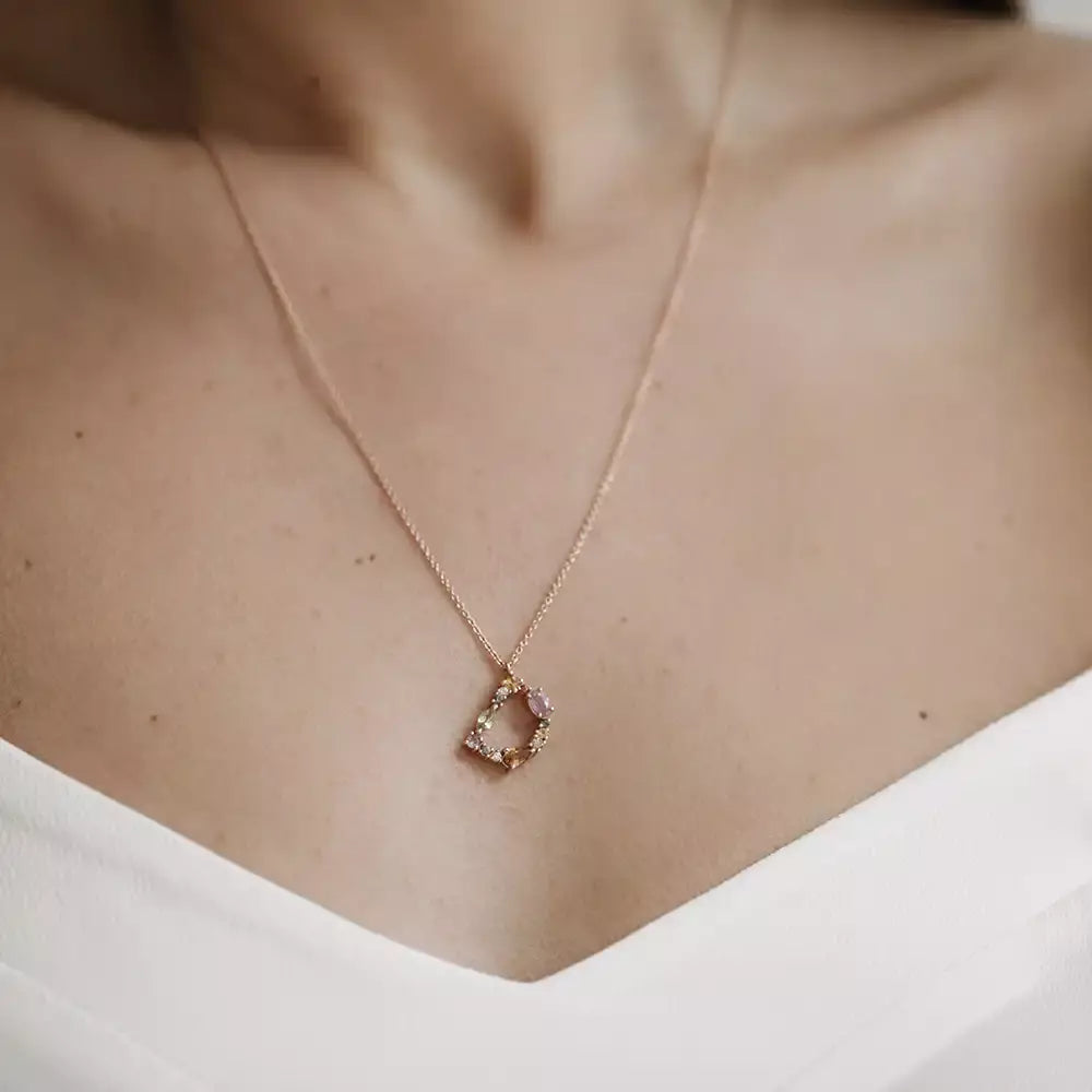D Letter Brown Diamond and Multicolor Sapphire Rose Gold Necklace