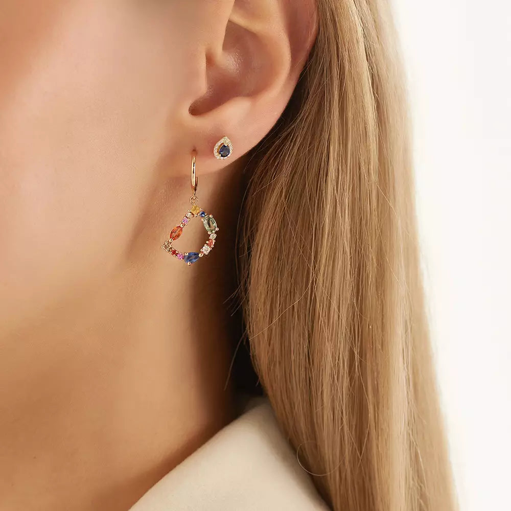 D Letter Multicolor Sapphire and Brown Diamond Single Earring