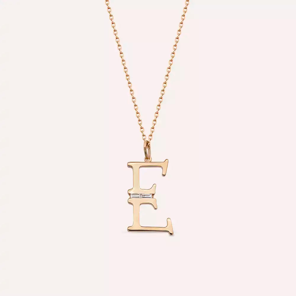 E Harf 0.03 CT Baget Pırlanta Taşlı Rose Altın Kolye