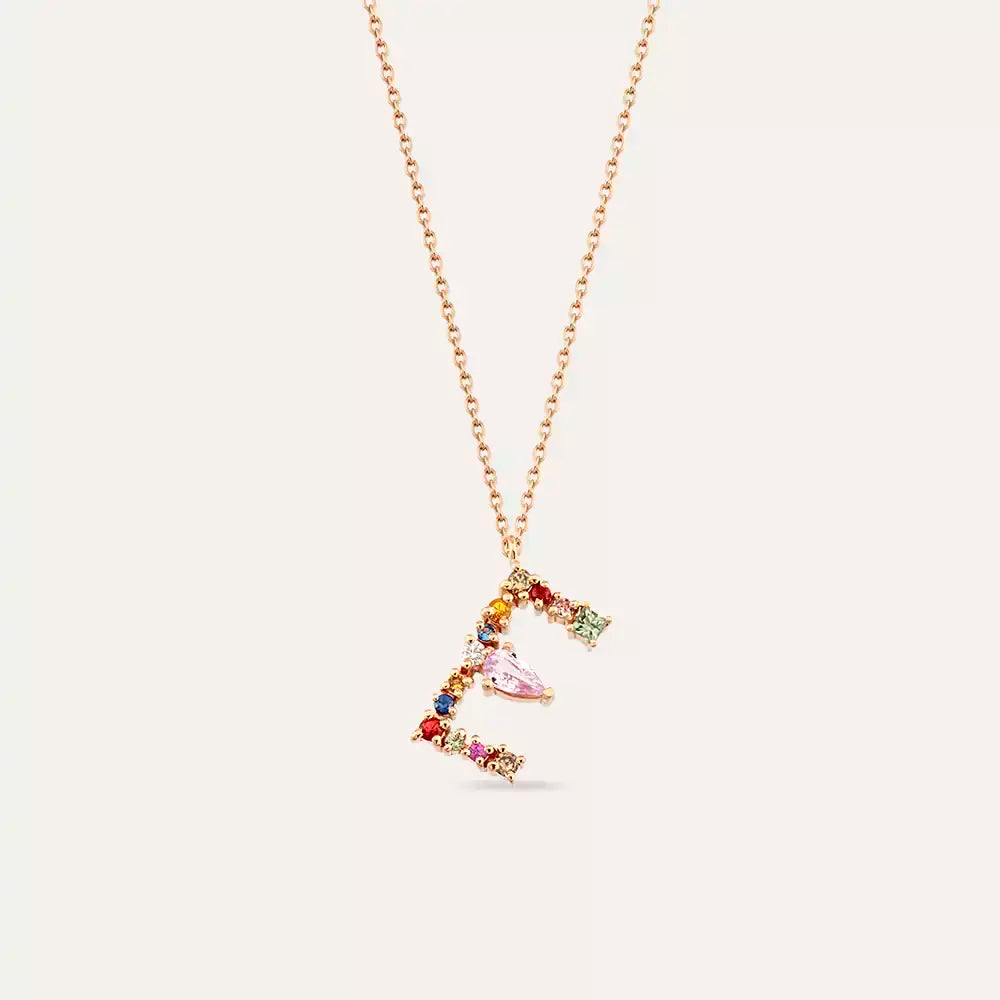 E Harf Brown Pırlanta ve Multicolor Safir Taşlı Rose Altın Kolye