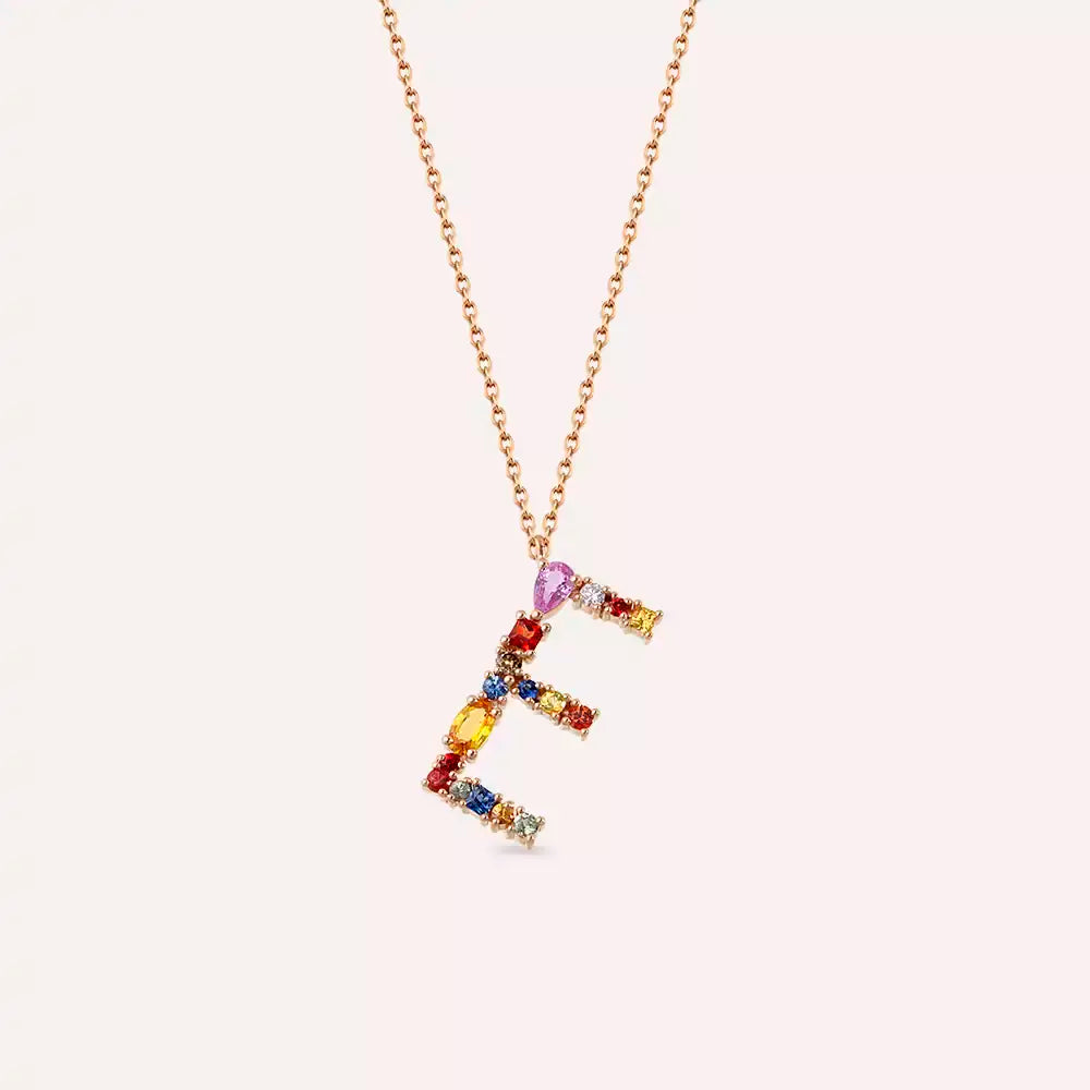 E Harf Brown Pırlanta ve Multicolor Safir Taşlı Rose Altın Kolye
