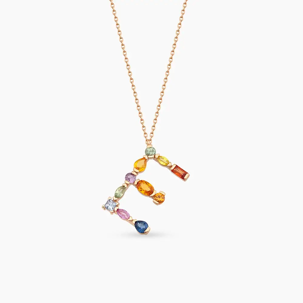 E Harf Multicolor Safir Taşlı Rose Altın Kolye