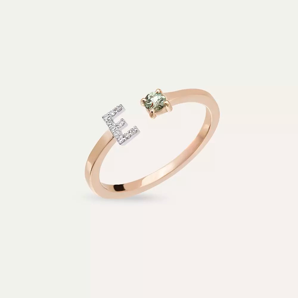 E Harf Pırlanta ve Green Safir Taşlı Rose Altın Yüzük