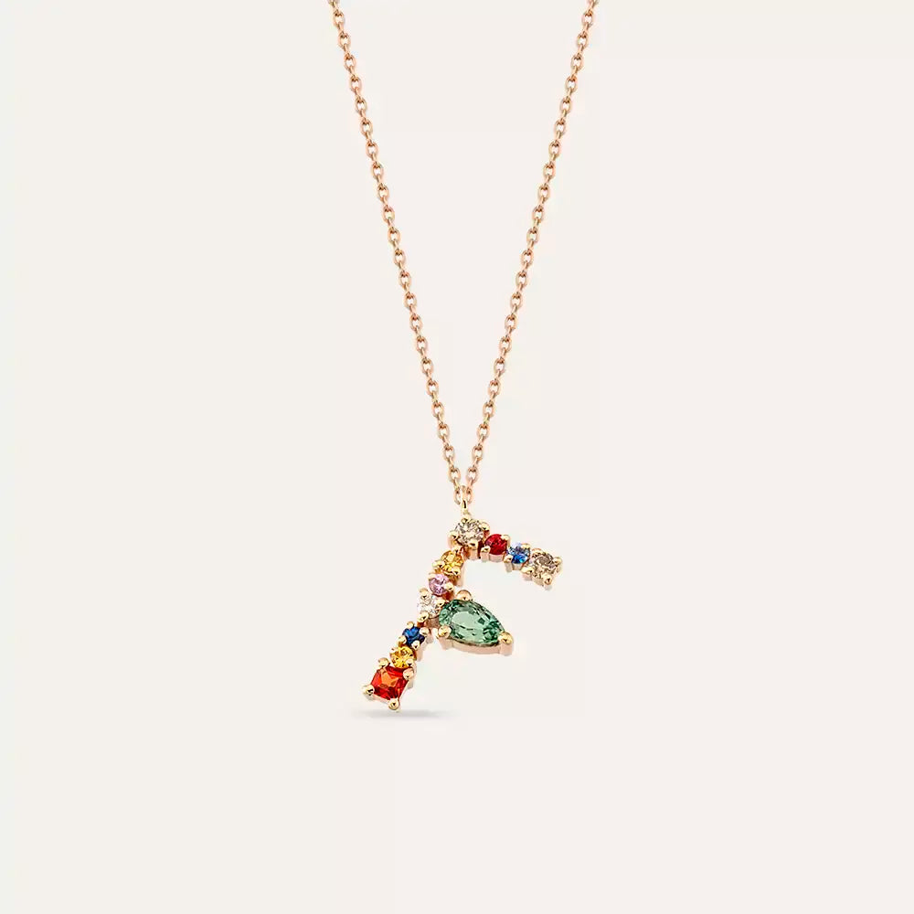 F Letter Brown Diamond and Multicolor Sapphire Rose Gold Necklace