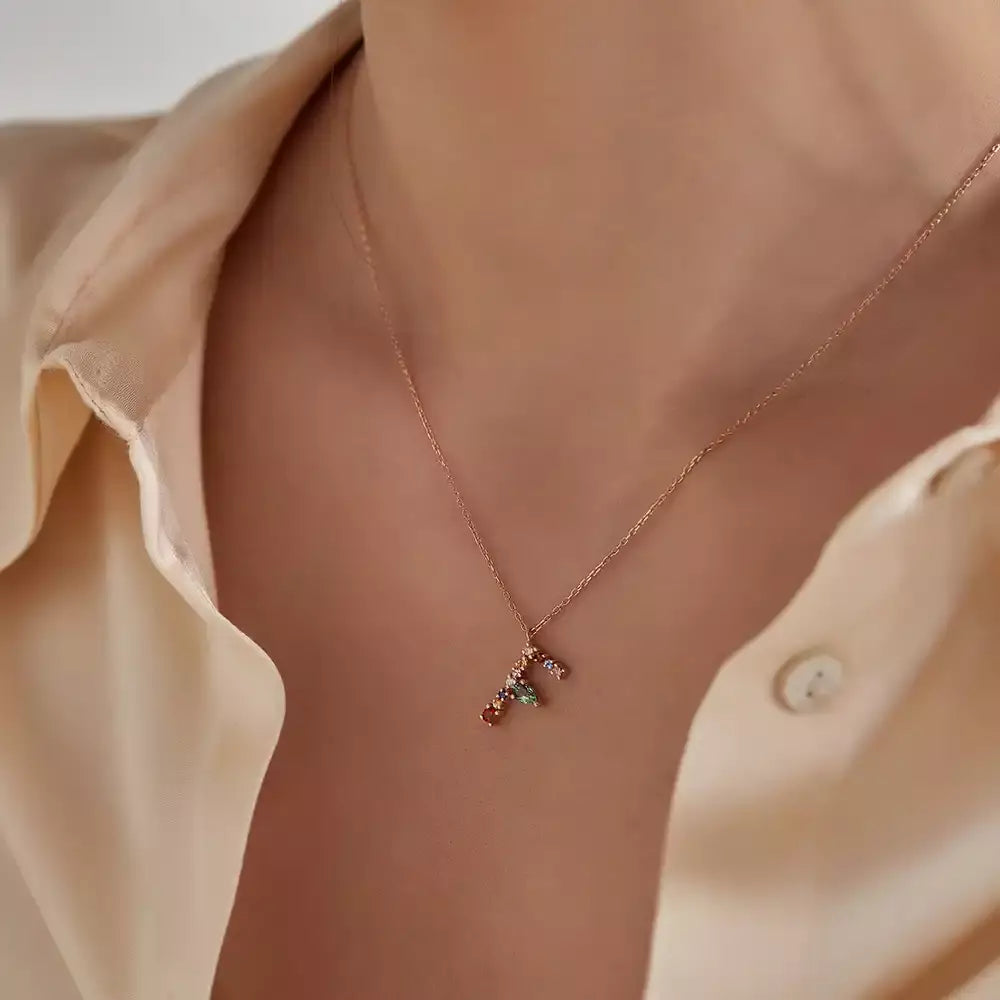 F Letter Brown Diamond and Multicolor Sapphire Rose Gold Necklace