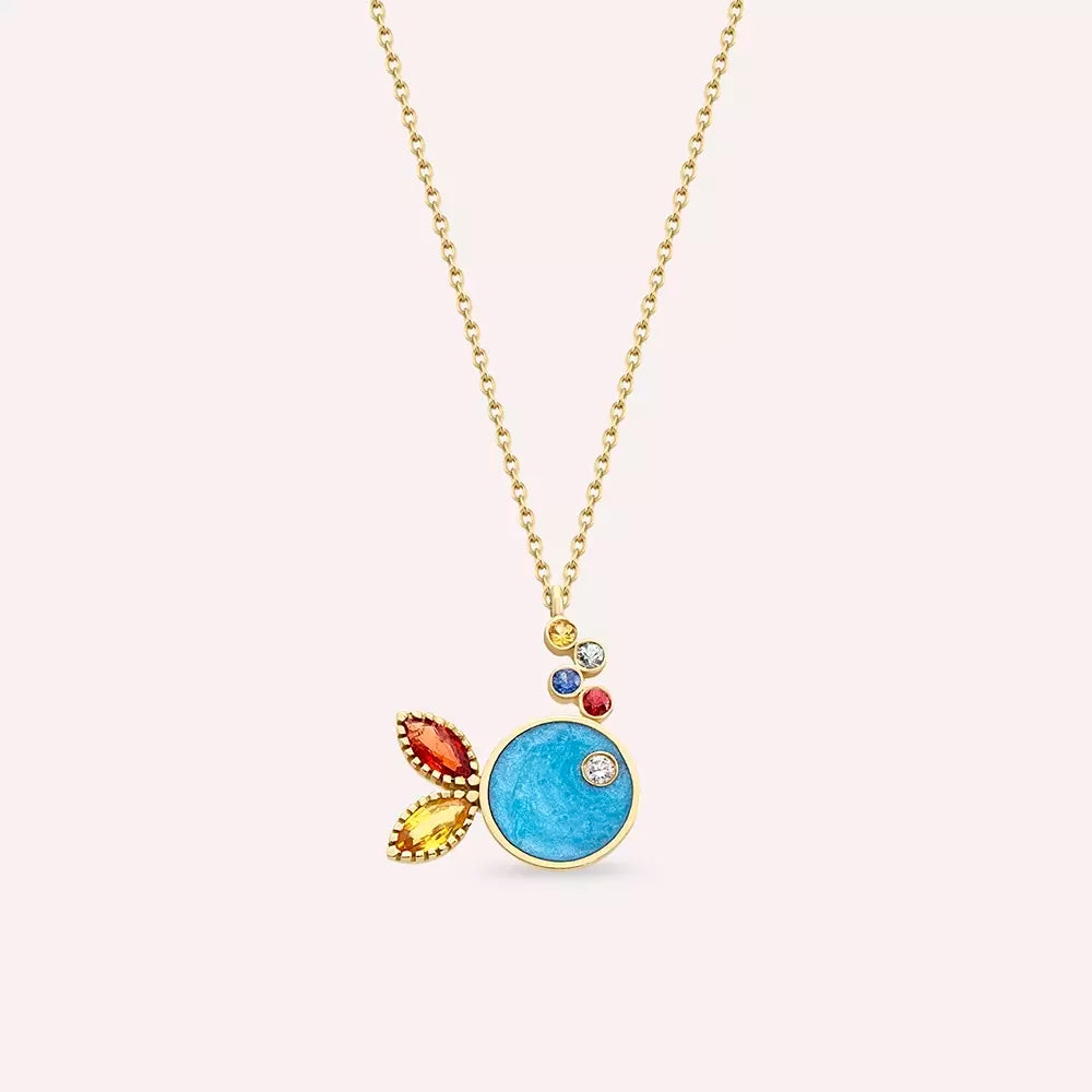 Fisht Multicolor Safir ve Pırlanta Taşlı Mavi Mineli Sarı Altın Kolye
