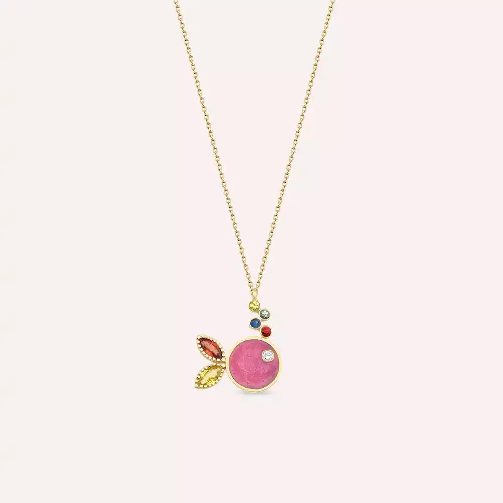 Fisht Multicolor Safir ve Pırlanta Taşlı Pembe Mineli Sarı Altın Kolye
