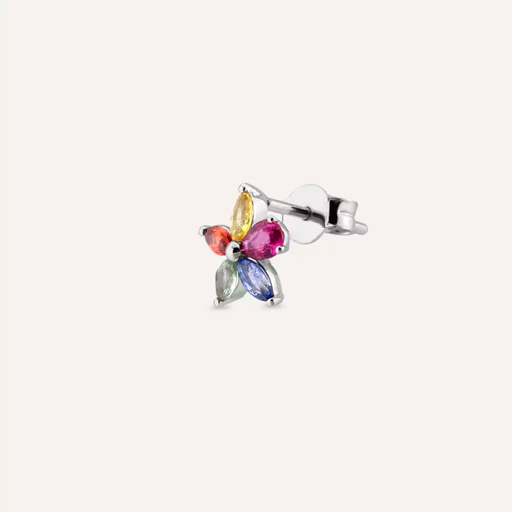 Flow White Gold Single Earring with Ruby and Multicolor Sapphire Stones