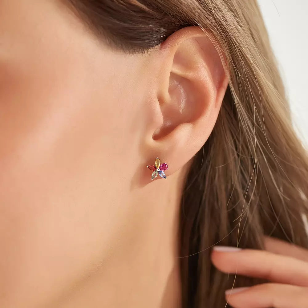 Flow White Gold Single Earring with Ruby and Multicolor Sapphire Stones