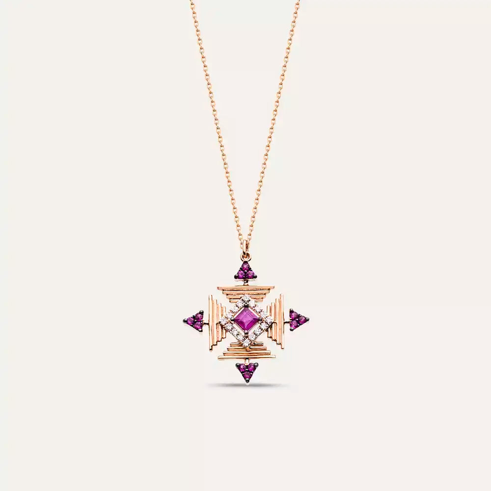 Quad Rose Gold Necklace with Yakut and Diamond Stones