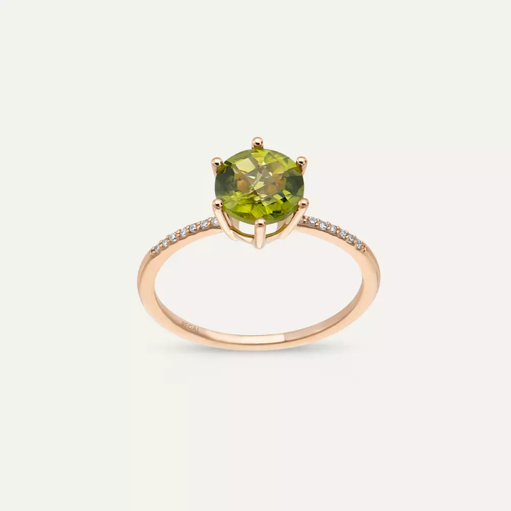 Grene Peridot ve Pırlanta Taşlı Rose Altın Yüzük