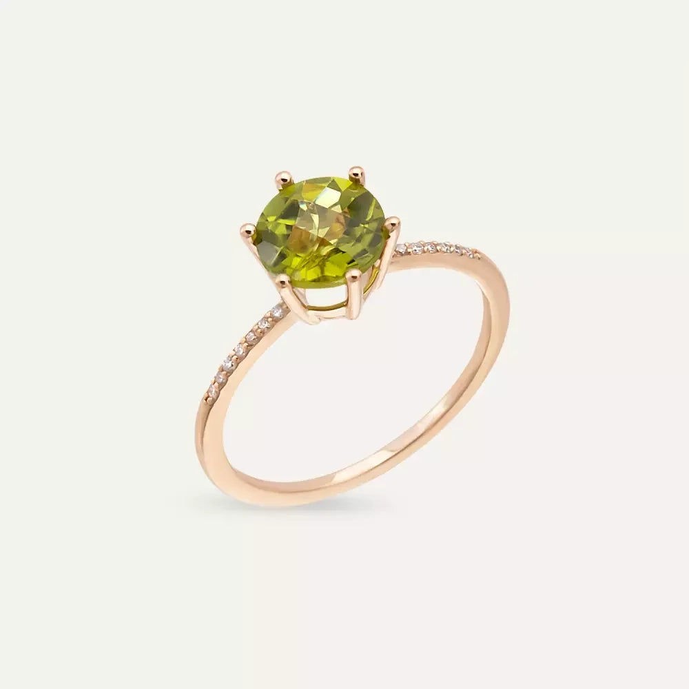 Grene Peridot ve Pırlanta Taşlı Rose Altın Yüzük
