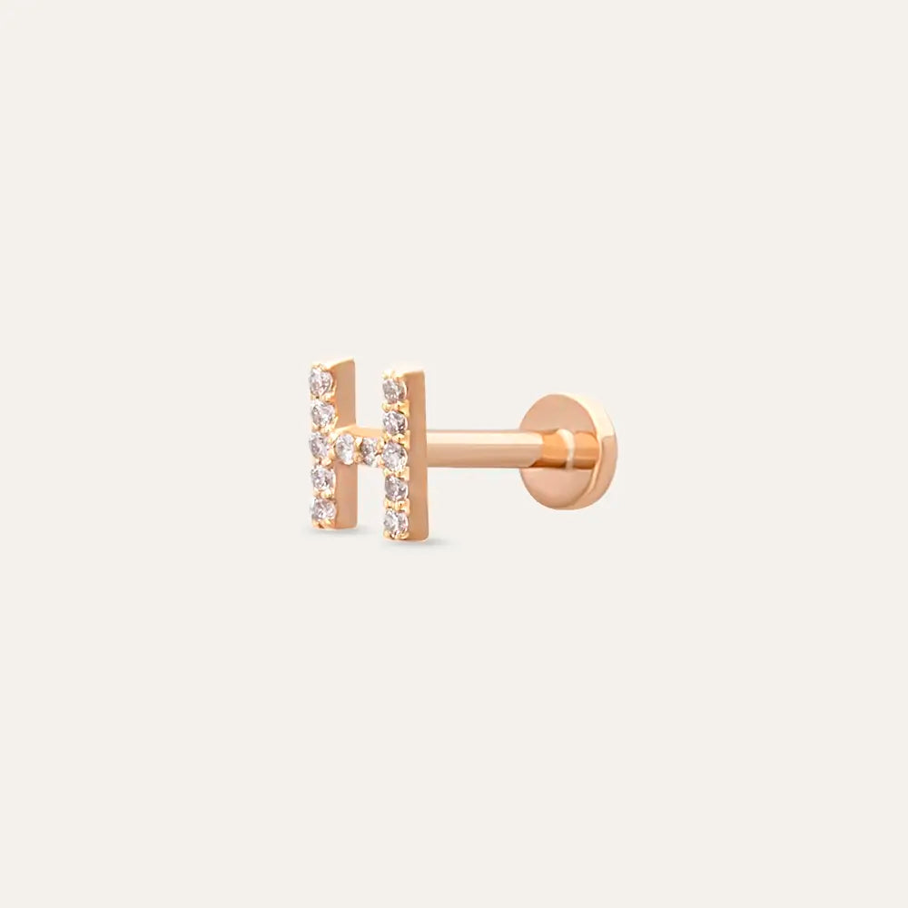 H Harf Pırlanta Taşlı Rose Altın Piercing