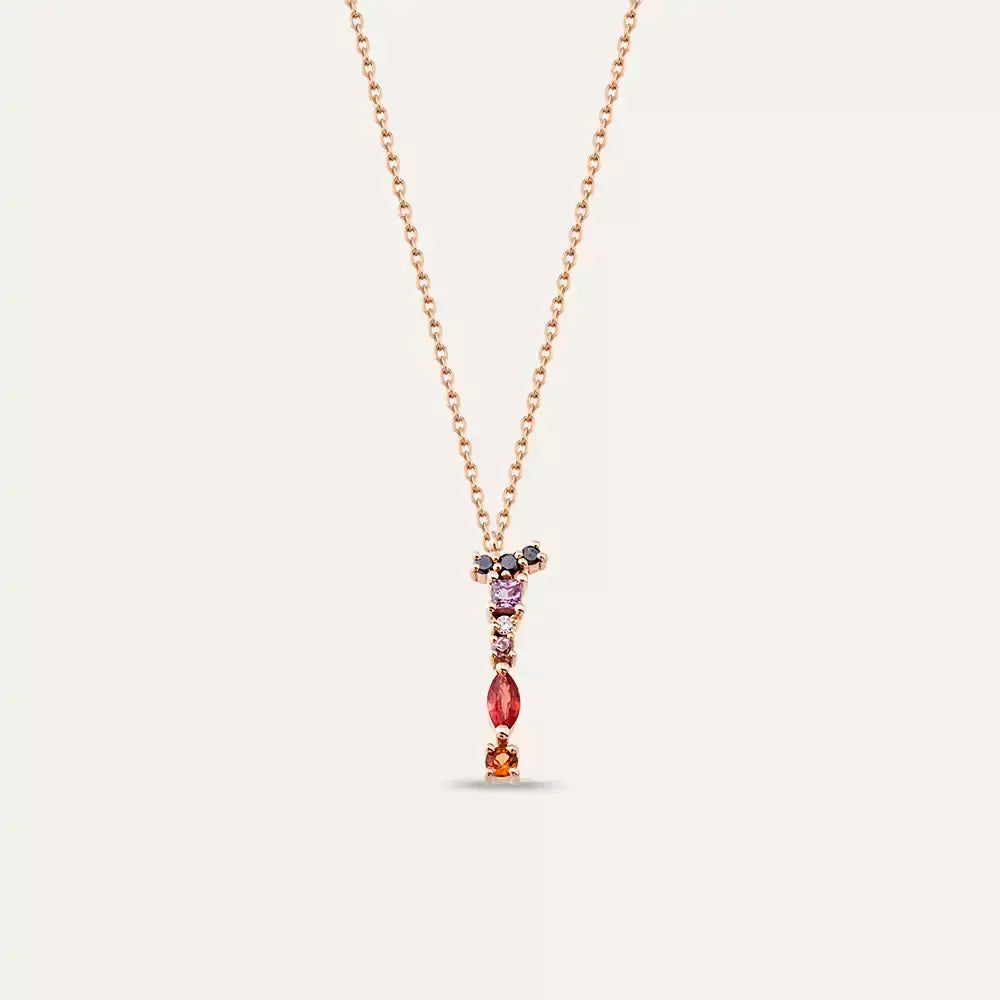 I Letter Black Diamond and Multicolor Sapphire Rose Gold Necklace