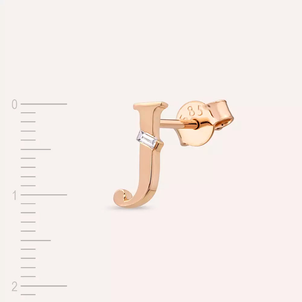 J Letter Baguette Diamond Rose Gold Mini Single Earring