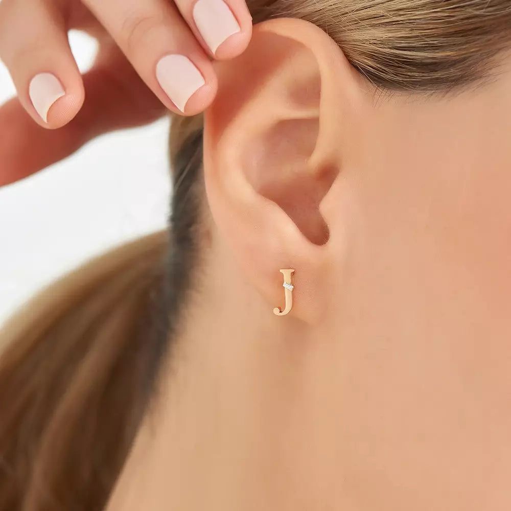 J Letter Baguette Diamond Rose Gold Mini Single Earring
