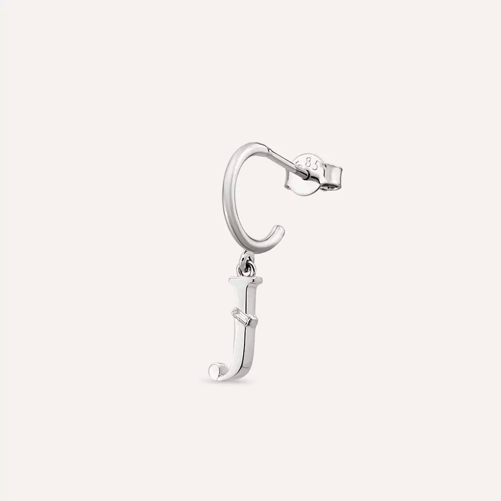 J Letter Diamond Dangling White Gold Earring