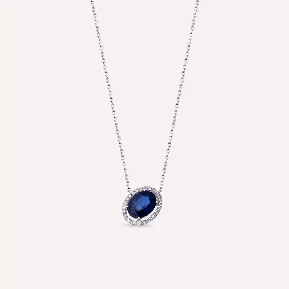Jade Oval Kesim Safir ve Pırlanta Taşlı Beyaz Altın Kolye