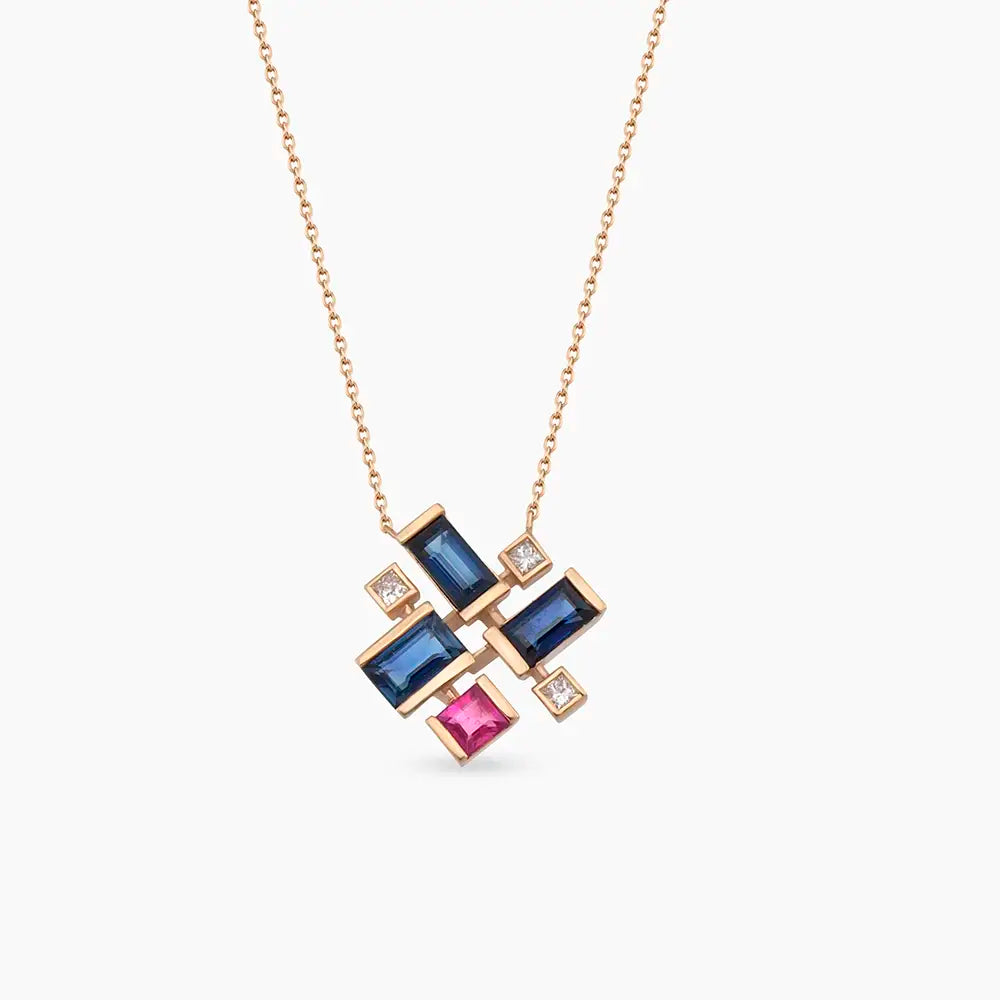 Jolly 1.30 CT Blue Sapphire and Ruby Rose Gold Necklace