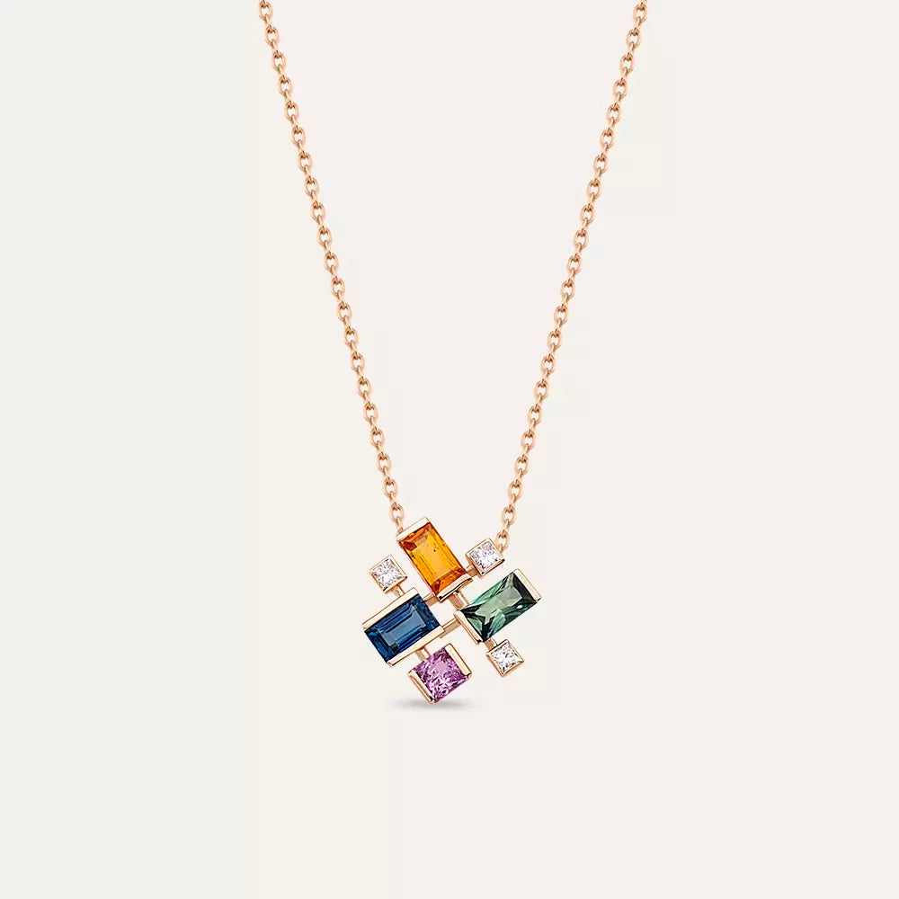 Jolly 1.38 CT Multicolor Sapphire and Diamond Rose Gold Necklace