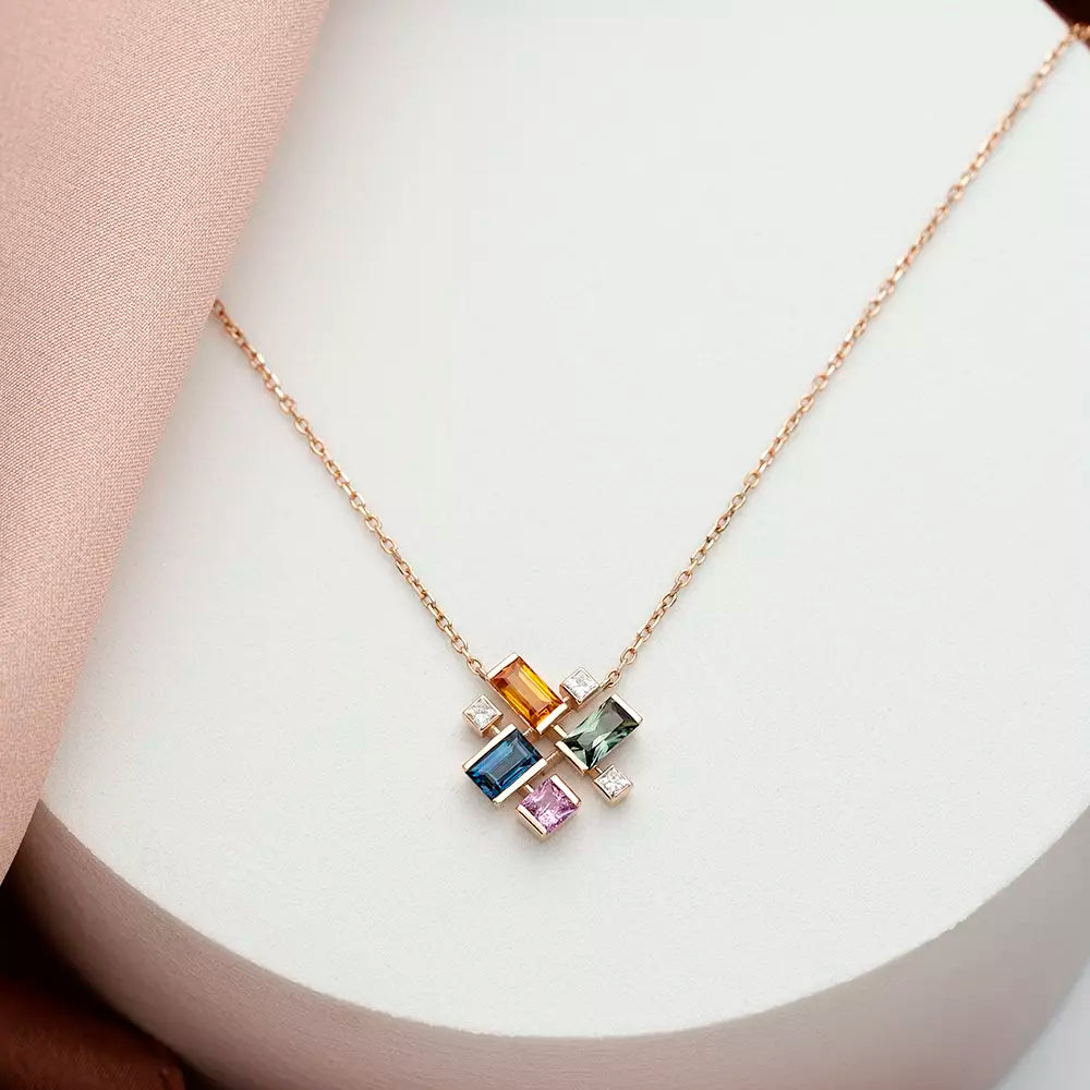 Jolly 1.38 CT Multicolor Sapphire and Diamond Rose Gold Necklace
