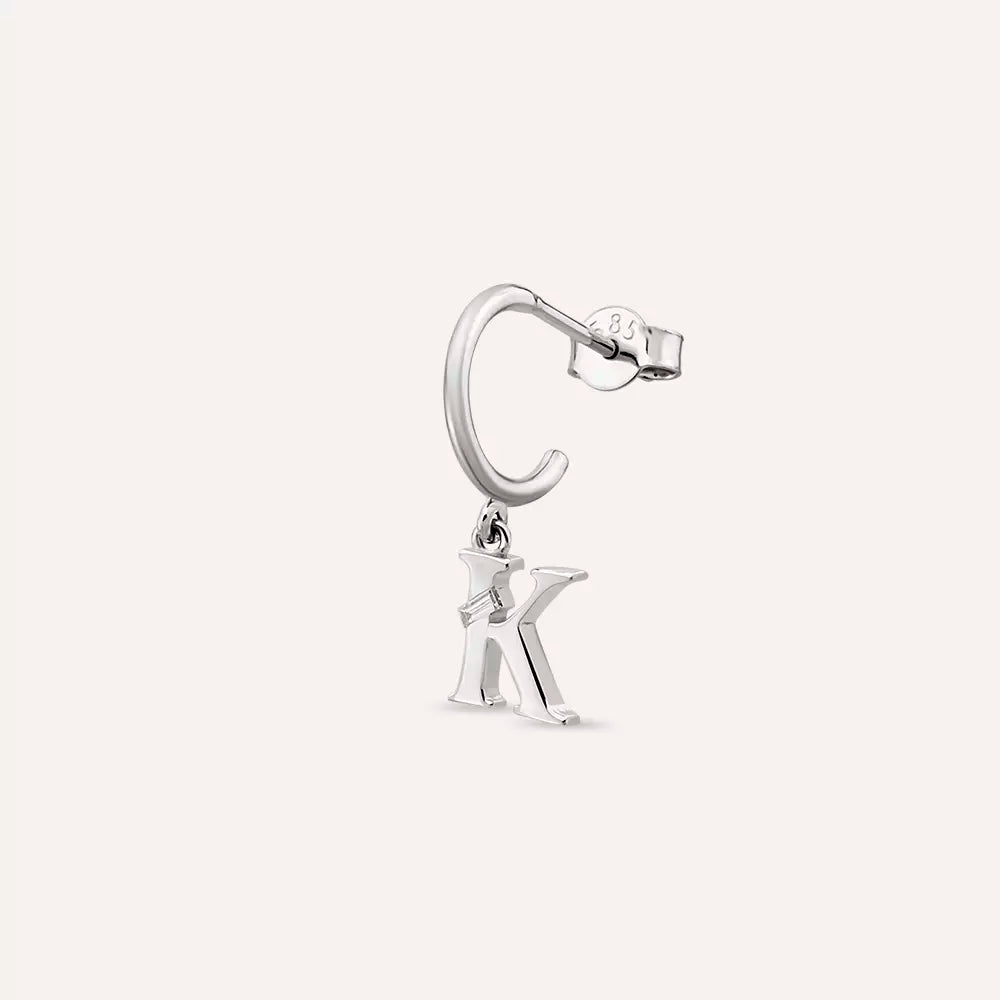 White Gold Dangle Earrings with K Initial Diamond