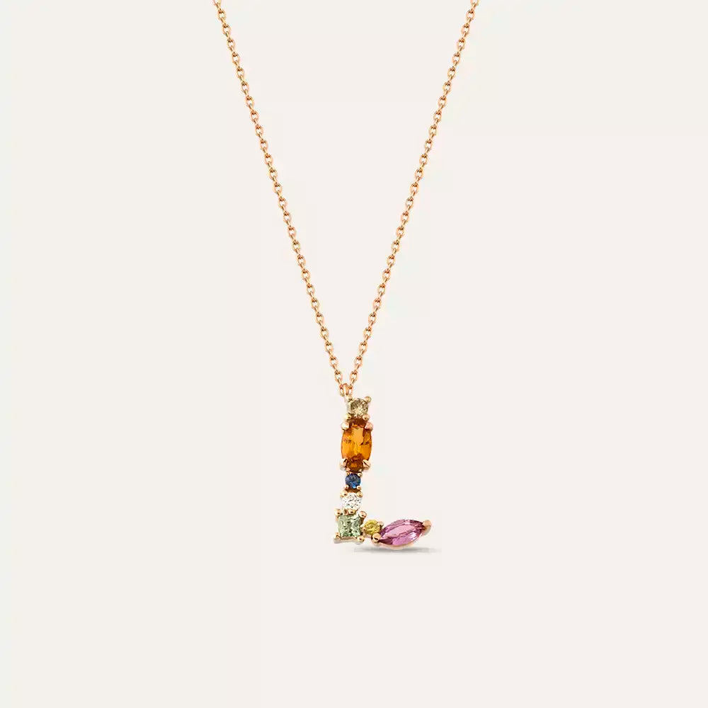 L Harf Brown Pırlanta ve Multicolor Safir Rose Altın Kolye