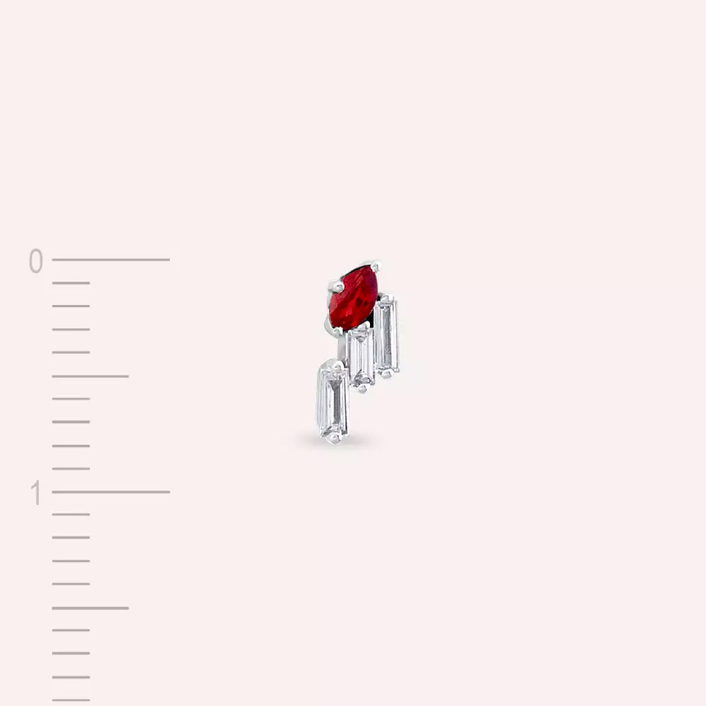 Ethos Red Sapphire and Baguette Diamond White Gold Single Earring
