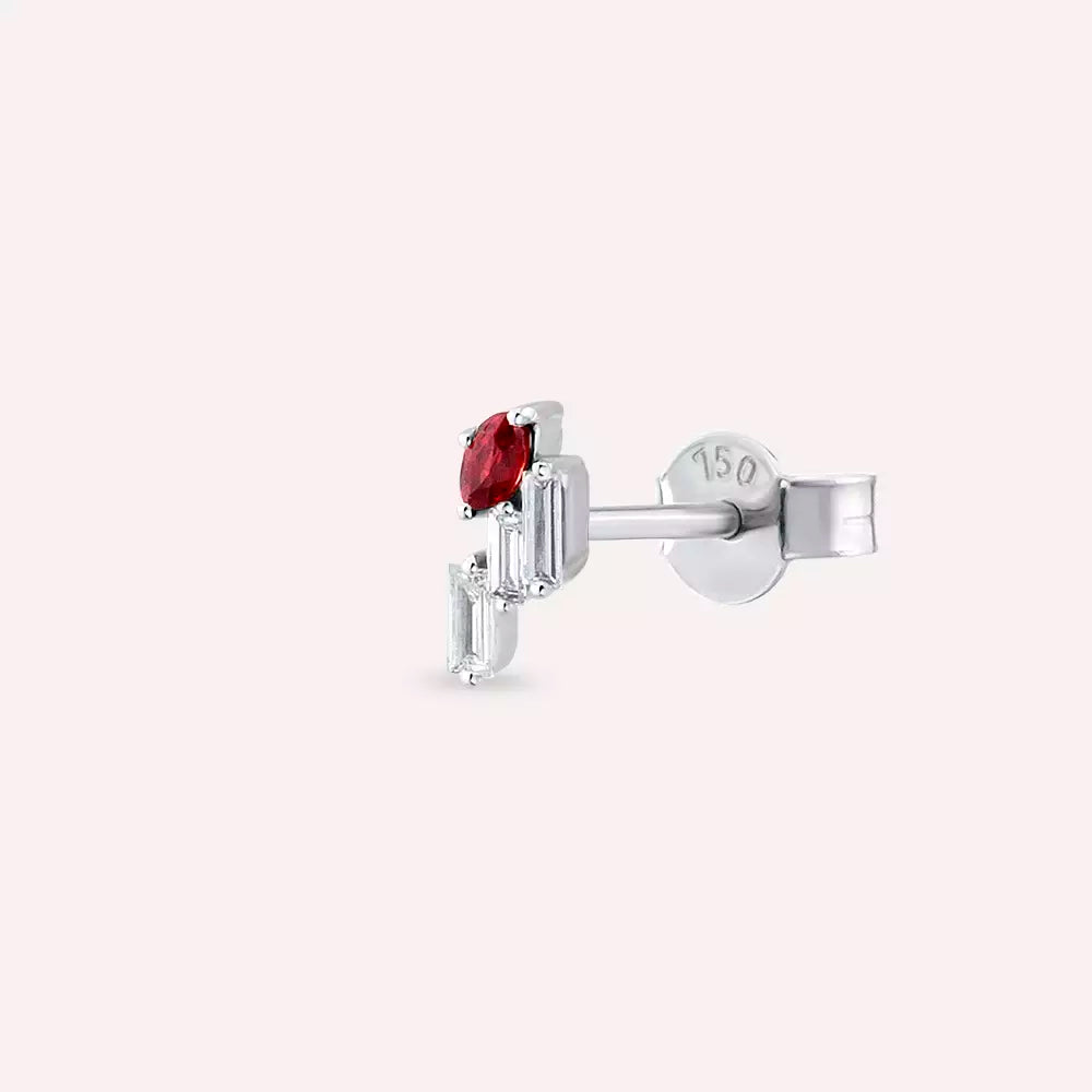 Ethos Red Sapphire and Baguette Diamond White Gold Single Earring