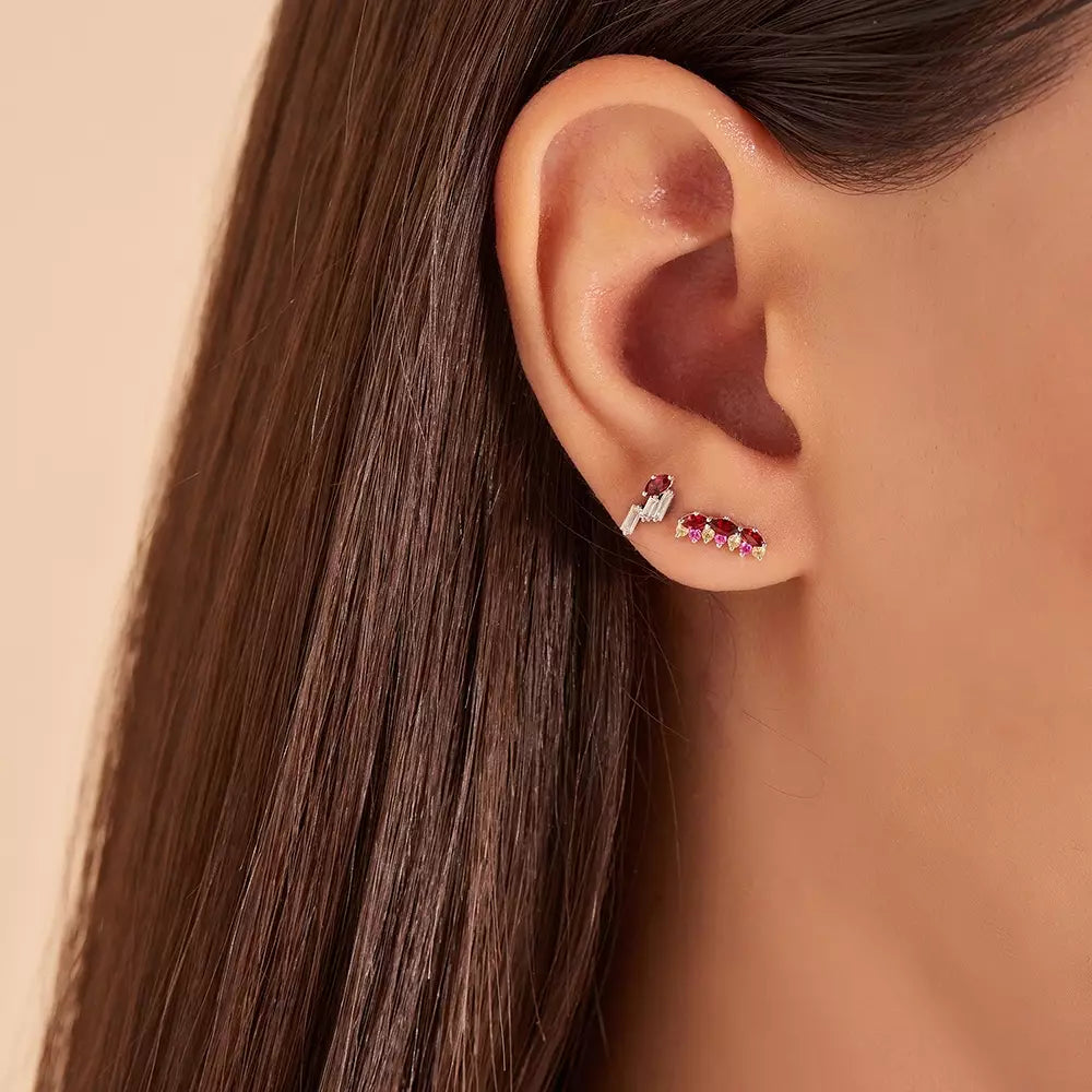 Ethos Red Sapphire and Baguette Diamond White Gold Single Earring