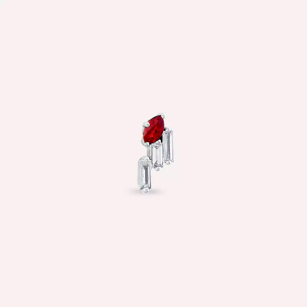 Ethos Red Sapphire and Baguette Diamond White Gold Single Earring