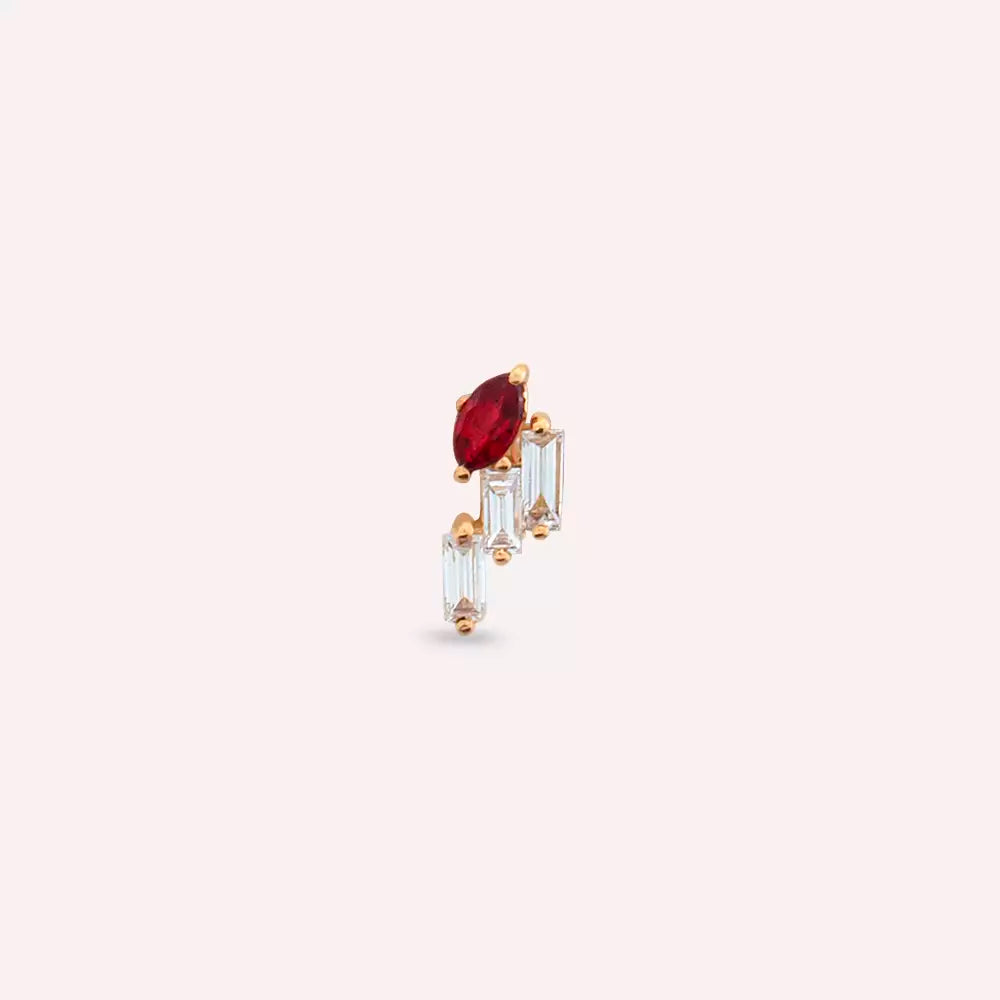 Ethos Red Sapphire and Baguette Diamond Rose Gold Single Earring