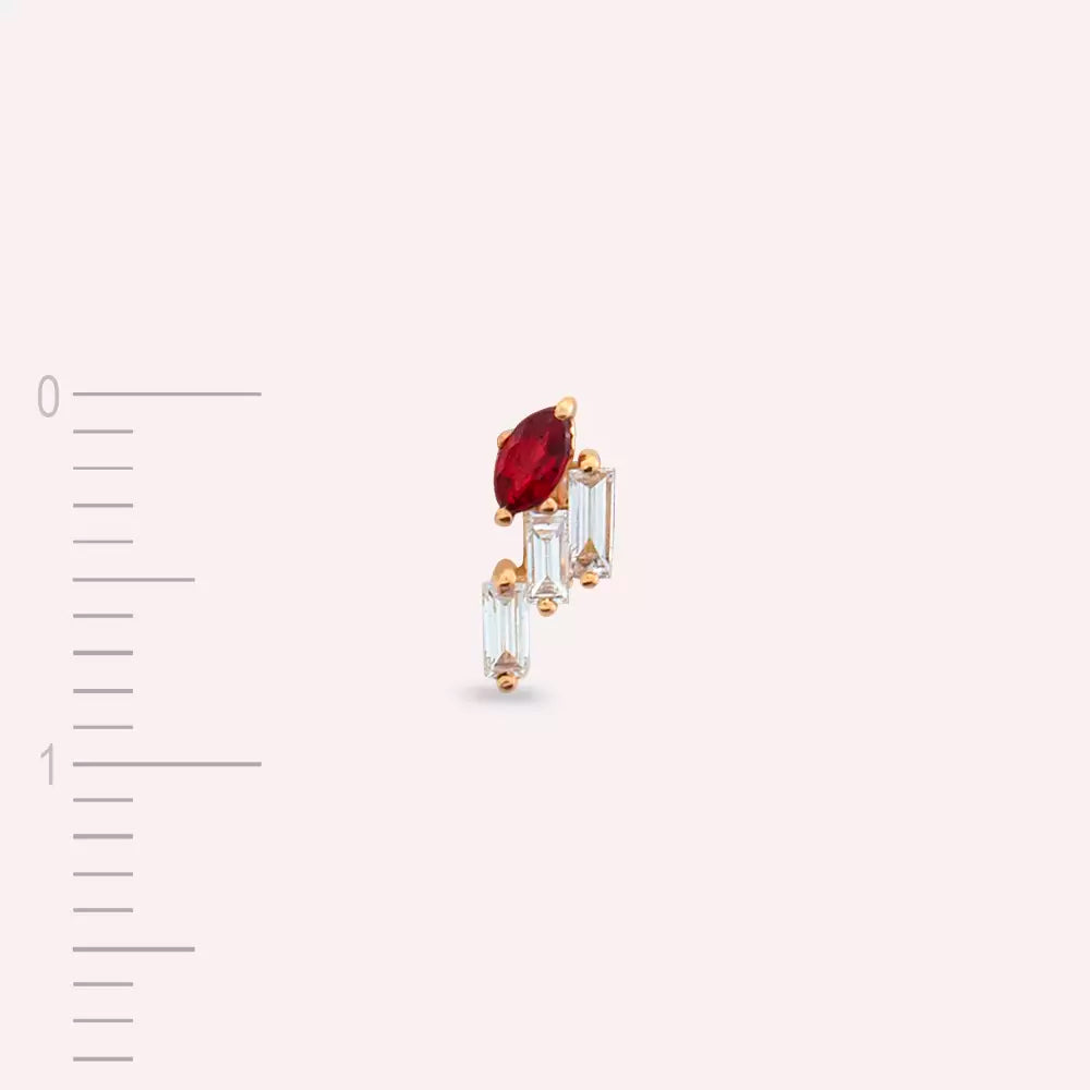Ethos Red Sapphire and Baguette Diamond Rose Gold Single Earring