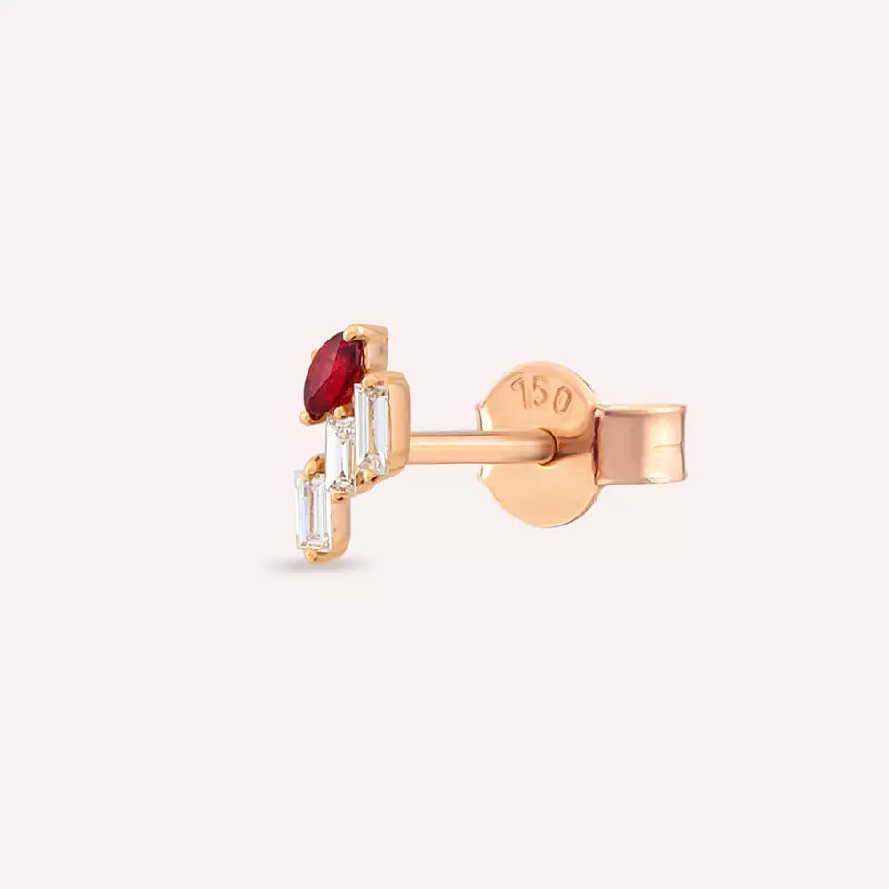 Ethos Red Sapphire and Baguette Diamond Rose Gold Single Earring